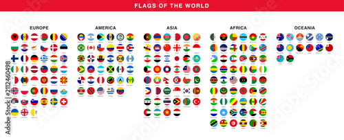 flags of the world grouped by continent. national flags of europe america asia africa and oceania. complete country flag reference chart. wavy flag collection with region labels
