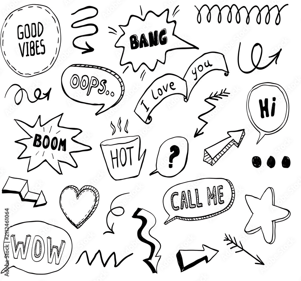 Fototapeta premium Hand Drawn Doodle Speech Bubbles, Arrows, Comic Words and Decorative Sketch Elements Set for Social Media and Scrapbooking