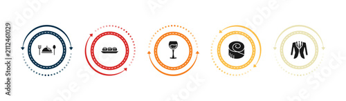 Foto filled hotel and restaurant icons set - meal, dim sum, wine glass, cinnamon roll