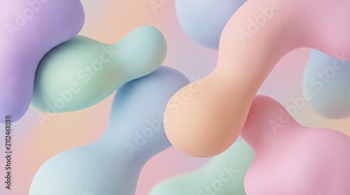 Abstract 3D clay blob shapes. Pastel gradient background with organic fluid forms.