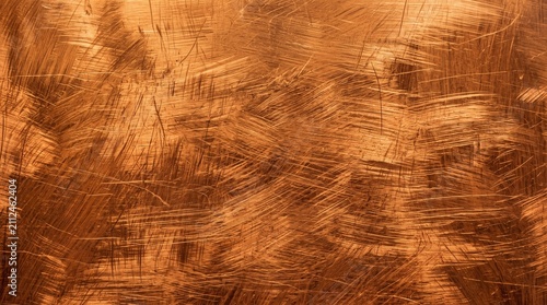 Brushed copper metal texture background. Shiny bronze surface with scratched pattern.