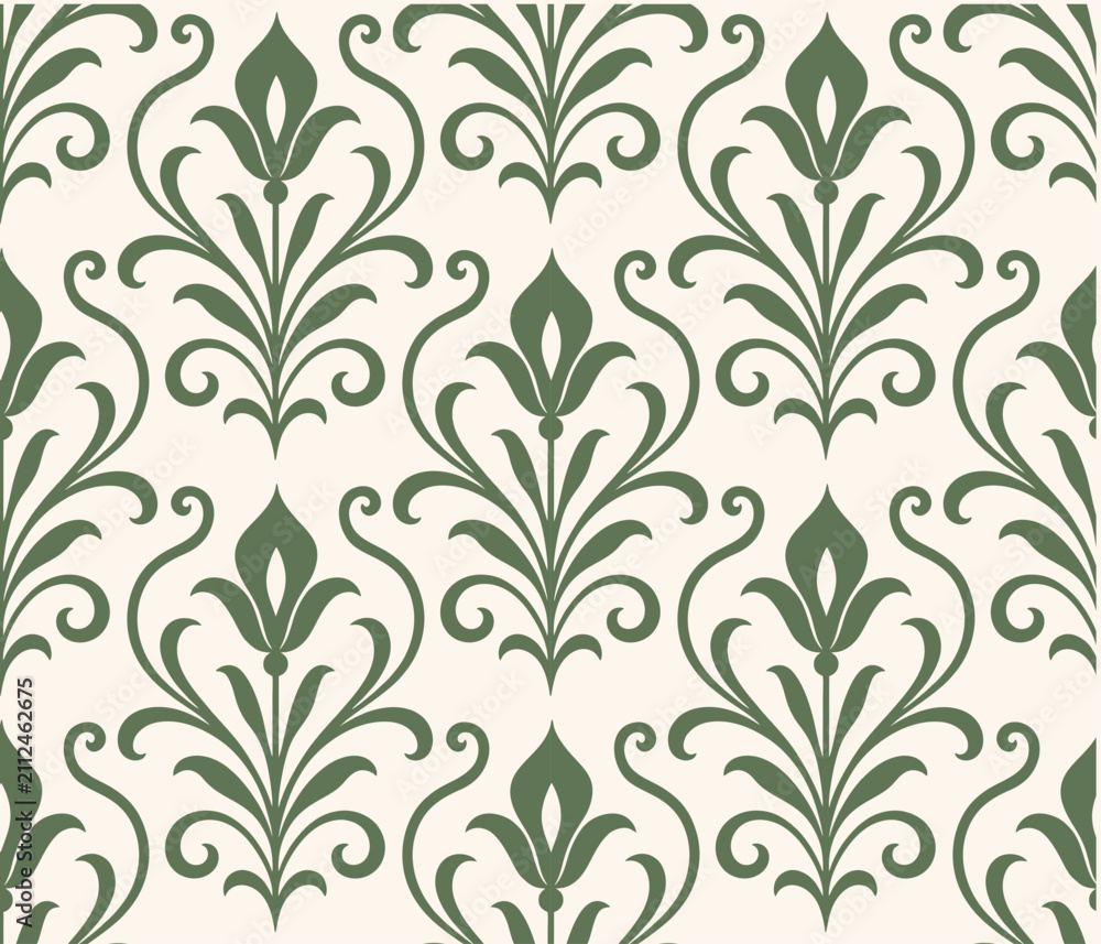 Fototapeta premium Elegant Sage Green Damask Seamless Pattern with Vintage Botanical Ornament
