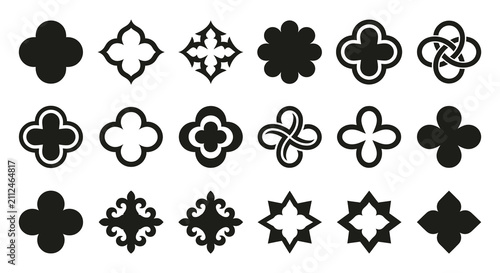 Set of decorative gothic quatrefoil and cross shapes featuring a minimalist black and white design style silhouette