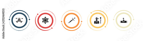 filled cultures icons set - trebuchet, david, scimitar, native. editable vector for web and mobile ui