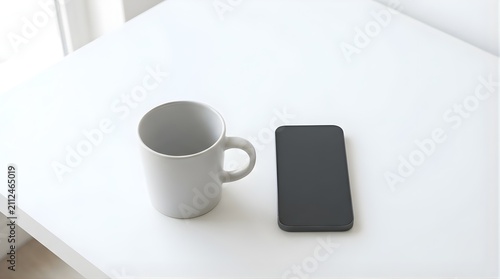 White coffee mug and black smartphone on a minimalist white table