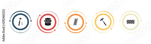 filled construction tools icons set - hammer and nail, open paint bucket, ladder, sledge hammer. editable vector for web and mobile ui