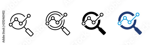 Analytics icon with magnifying glass and line chart. Symbol of data analysis, business reporting, performance metrics, dashboard analytics, insights, monitoring, research and data visualization. 