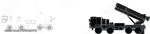 Fotografie Military missile launcher truck vehicle outline and silhouette vector illustrati