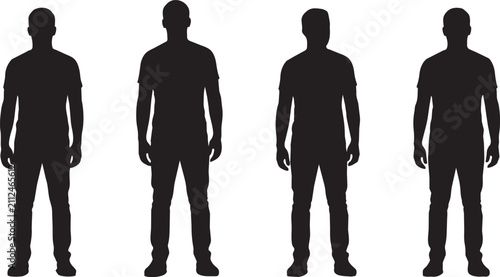 Foto Four Men Standing Neutrally in a Row Silhouette Photo

Silhouette photograph of four men in t-shirts standing neutrally in a row with arms at sides