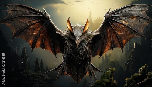 Majestic Bat-like Creature Soaring Above a Dark and Mysterious Landscape.