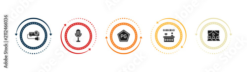 Foto filled cinema icons set - projector with plug, movie microphone, parental guidance, cinema snack bar