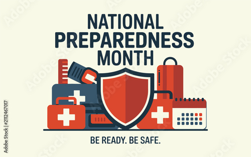 Vector illustration of national preparedness month featuring emergency supplies and safety gear