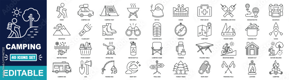 Fototapeta premium Camping icons set. Tent, sleeping bag, campfire, flashlight, backpack, compass, hiking boots, water bottle, first aid kit, knife, fishing rod, kayak, and more. Editable vector illustration.