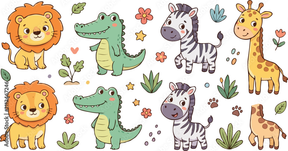 Fototapeta premium Hand-drawn cartoon zoo animals set with playful expressions. Vector illustration of safari wildlife characters for kids design projects.
