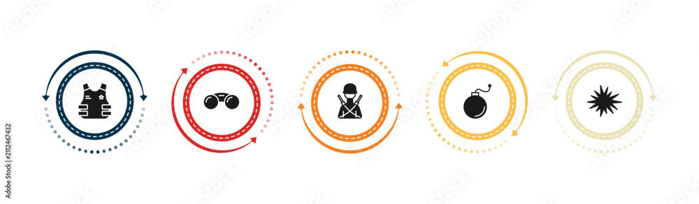 Obraz premium filled army and war icons set - bulletproof, binoculars, infantry, bomb. editable vector for web and mobile ui