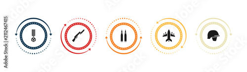Foto filled army and war icons set - condecoration, bayonet on rifle, two bullets, fighter plane