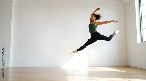 A fit woman performing a ballet jump in a bright modern studio interior