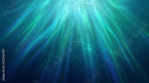 Underwater light rays in deep blue ocean. Abstract aquatic background with sunbeams.
