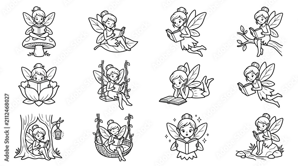 Fototapeta premium Cute Fairy Reading Books Collection - Black and White Line Art