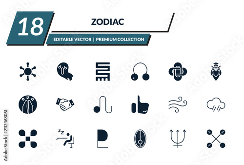 filled zodiac icons set - gods shield, spirit, toughness, coagulation. editable vector for web and mobile ui