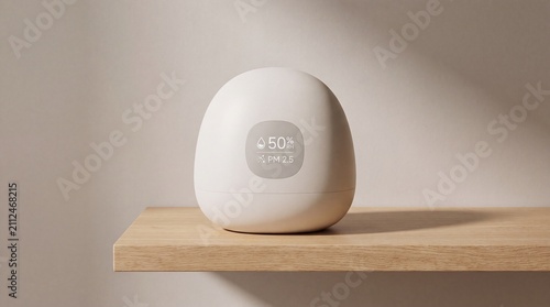 Minimalist smart home sensor displaying humidity and temperature levels on a wooden shelf