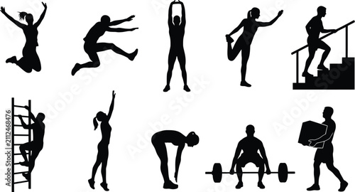 Silhouettes demonstrate a collection of functional physical activities including lifting weights, stair climbing, and stretching.