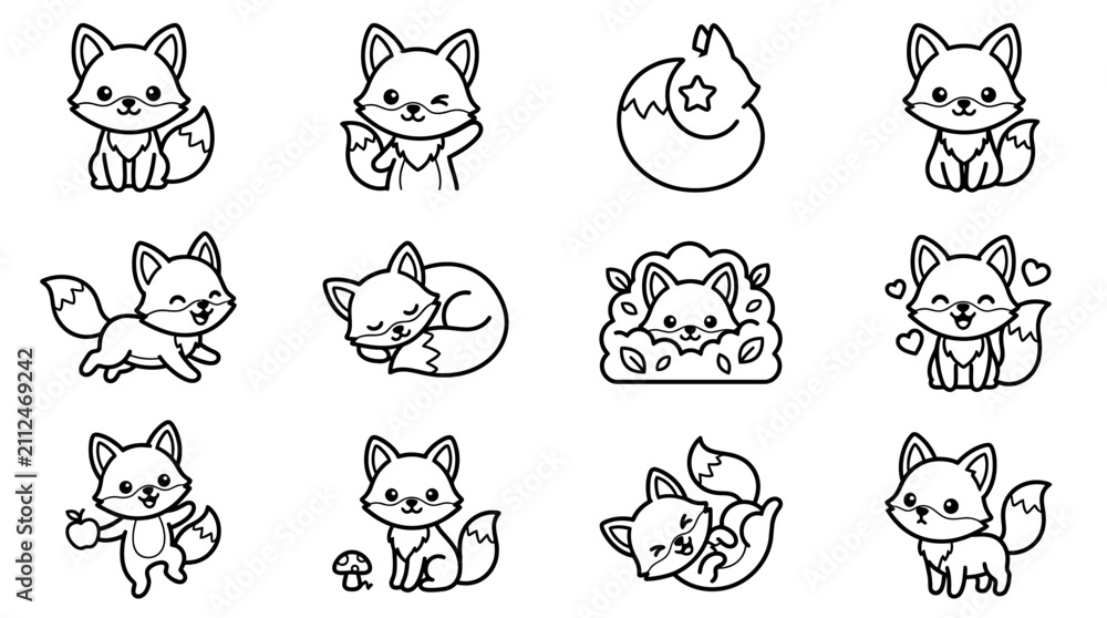 Obraz premium Cute Fox Illustrations: Kawaii Style Cartoon Collection