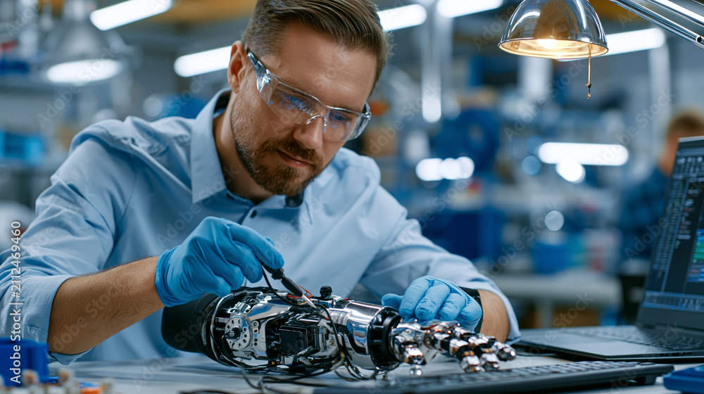 Naklejka premium Myoelectric prosthetic elbow joint assembly technician calibrates electrode sensitivity on motorized elbow unit using clinical fitting software, medical manufacturing workshop setting, warm task lam