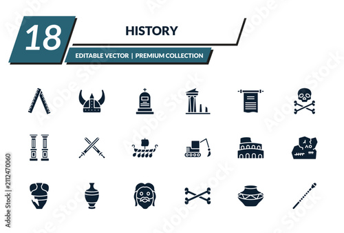 filled history icons set - ruler, viking helmet, tomb, ancient. editable vector for web and mobile ui