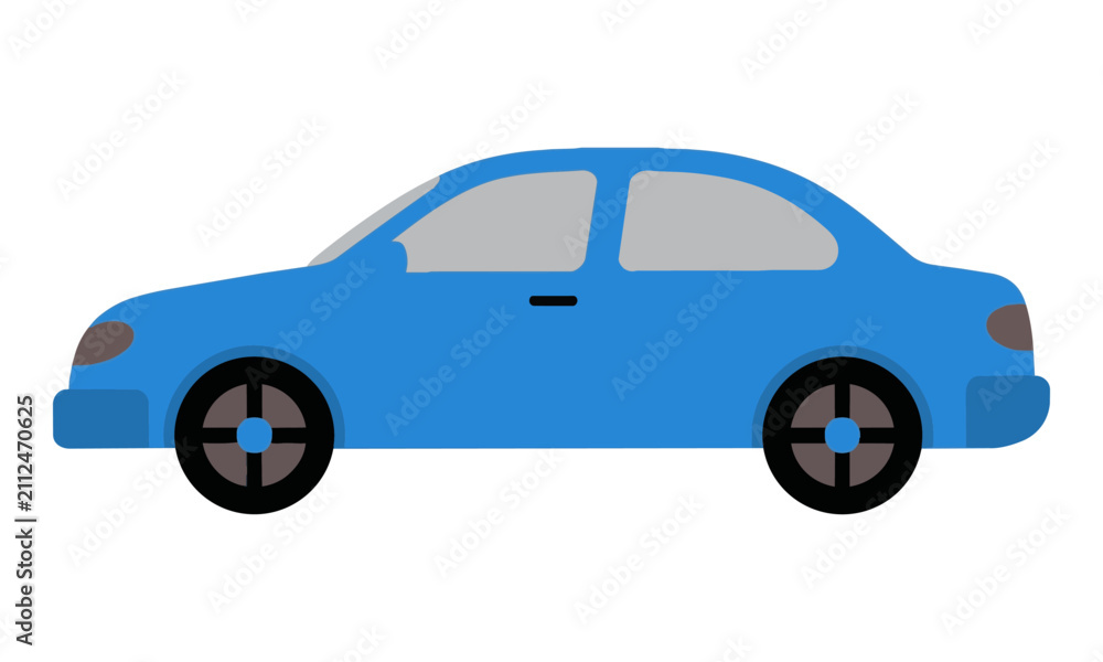 Fototapeta premium Blue minimalist car side profile with smooth rounded edges and simplified wheels on white background modern transportation concept