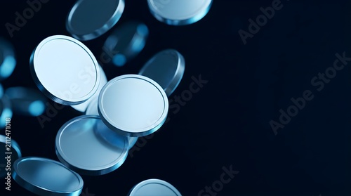 Falling silver coins floating against a dark blue background with depth