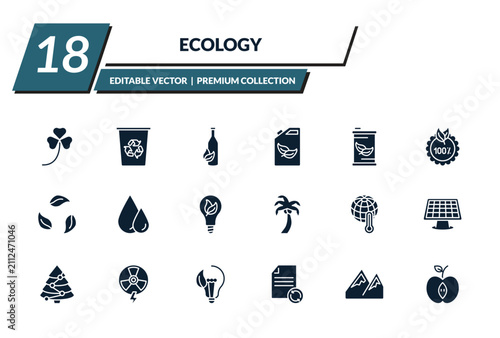 filled ecology icons set - shamrock, recycle bin, recycled bottle, biofuel. editable vector for web and mobile ui