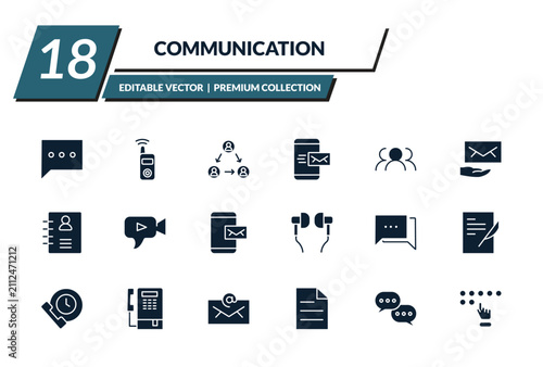 filled communication icons set - chat bubble, transmitter, people connection, mobile with envelope. editable vector for web and mobile ui