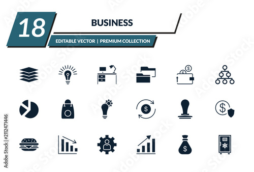 filled business icons set - stack, round light bulb, work table, two folders. editable vector for web and mobile ui