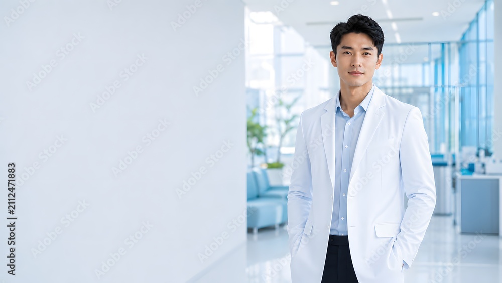 Fototapeta premium Portrait of a handsome young Asian doctor standing in a modern white hospital corridor with hands in pockets.