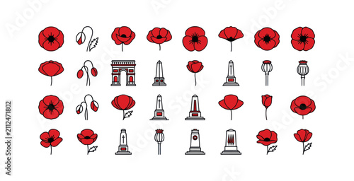 Foto Remembrance Poppy and War Memorial Icon Set
