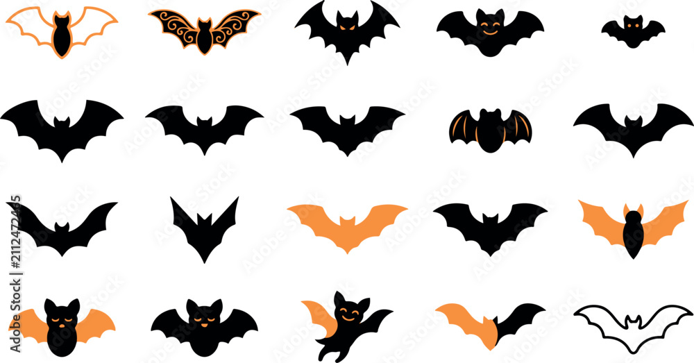 Fototapeta premium Set of hand drawn halloween bat illustrations in black and orange ink style isolated on white background