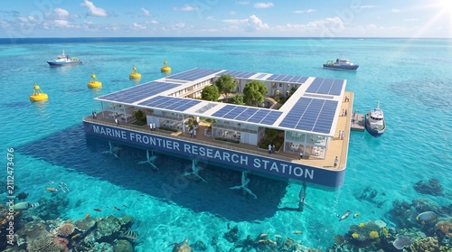 Futuristic Floating Marine Research Station with Solar Panels and Underwater Turbines