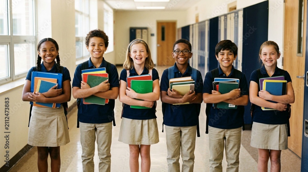 Fototapeta premium Group of Diverse Elementary Students in Matching Navy Polo Shirts and Khaki Uniforms Standing in School Hallway with Textbooks and Backpacks, Smiling at Camera, Education Concept, Back to School