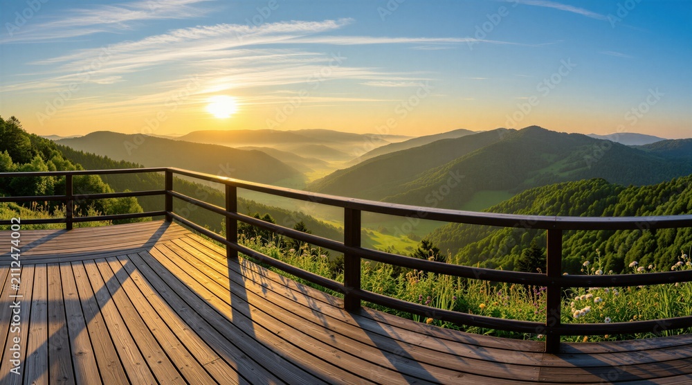 Fototapeta premium Wooden viewpoint overlooks green misty valleys at sunrise. Sun rises over layered mountains, casting long shadows on deck. Peaceful morning nature scene.