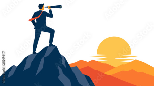 A businessman in a blue suit stands on a mountain peak looking through a telescope at a sunrise over orange hills, symbolizing strategic vision, leadership, and future success in a flat vector style.