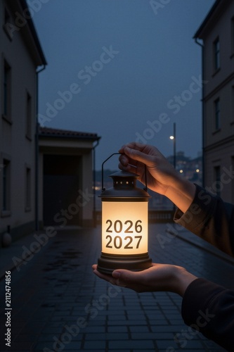 A lone hand cradles a metal lantern with an illuminated label in a cozy, dimly lit room, its soft glow casting a warm ambiance.