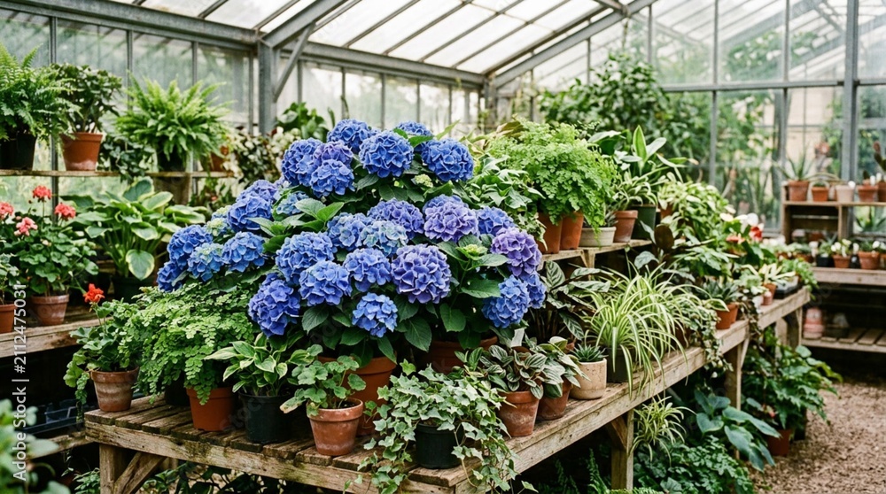 Obraz premium Lush Greenhouse Display of Vibrant Blue Hydrangea Flowers in Full Bloom Surrounded by Abundant Potted Plants, Ferns and Tropical Foliage on Rustic Wooden Shelves Under Glass Roof Structure