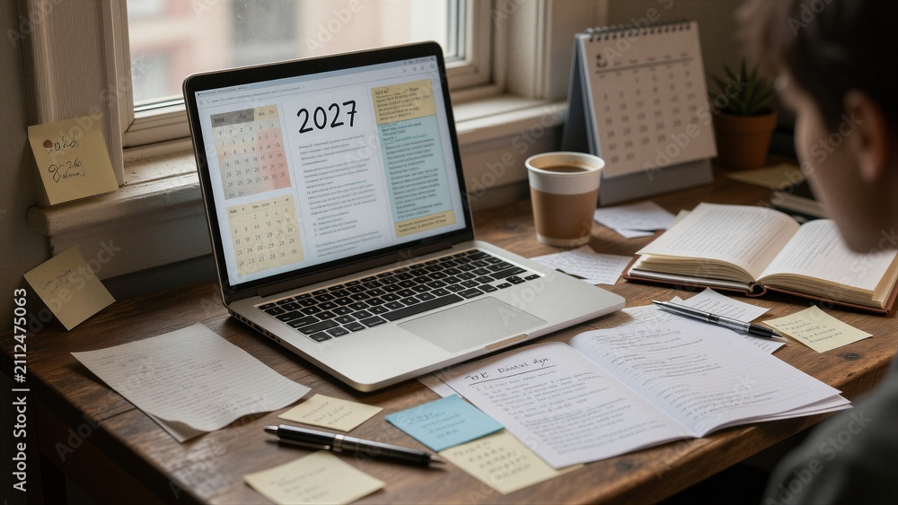 Obraz premium A person in a dark gray shirt is seated at a desk, focused on planning goals for 2027 using their laptop screen.