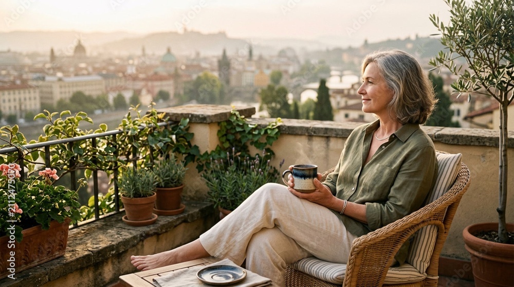 Obraz premium Serene Middle Aged Woman in Relaxed Linen Outfit Enjoying Coffee on Sunlit Terrace with Panoramic City View, Golden Hour Lighting, Wellness Lifestyle, Tranquility and Luxury Travel Concept