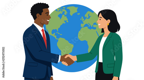 Diverse businesspeople shaking hands in front of global world map, international partnership and agreement concept, flat vector illustration