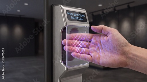 Biometric palm vein scanner granting access to person using futuristic touchless security identification system in modern corporate building