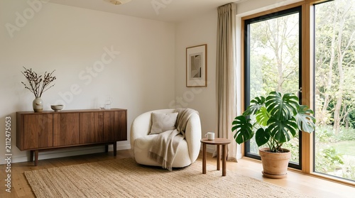 Minimalist Scandinavian Living Room with Curved Cream Bouclé Armchair, Walnut Credenza, Jute Rug, and Monstera Plant by Large Window. Cozy Hygge Home Interior Design with Natural Light.