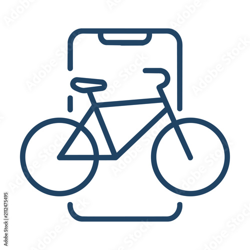 Minimalist monoline icon of a bicycle and smartphone, symbolizing a bike sharing service, isolated on white, urban mobility concept