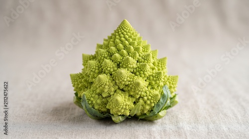 Romanesco broccoli fractal head showing geometric spiral patterns and light green florets on textile.